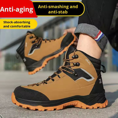 acheter Marron / Vert / Noir Bottes de travail de sécurité OEM en microfibre en cuir en acier pouce Kevlar semelle moyenne chaussures de travail en caoutchouc online manufacture